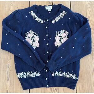 Vintage‎ Margules Knit Sweater Cardigan Floral Embroidered Navy Button Down L